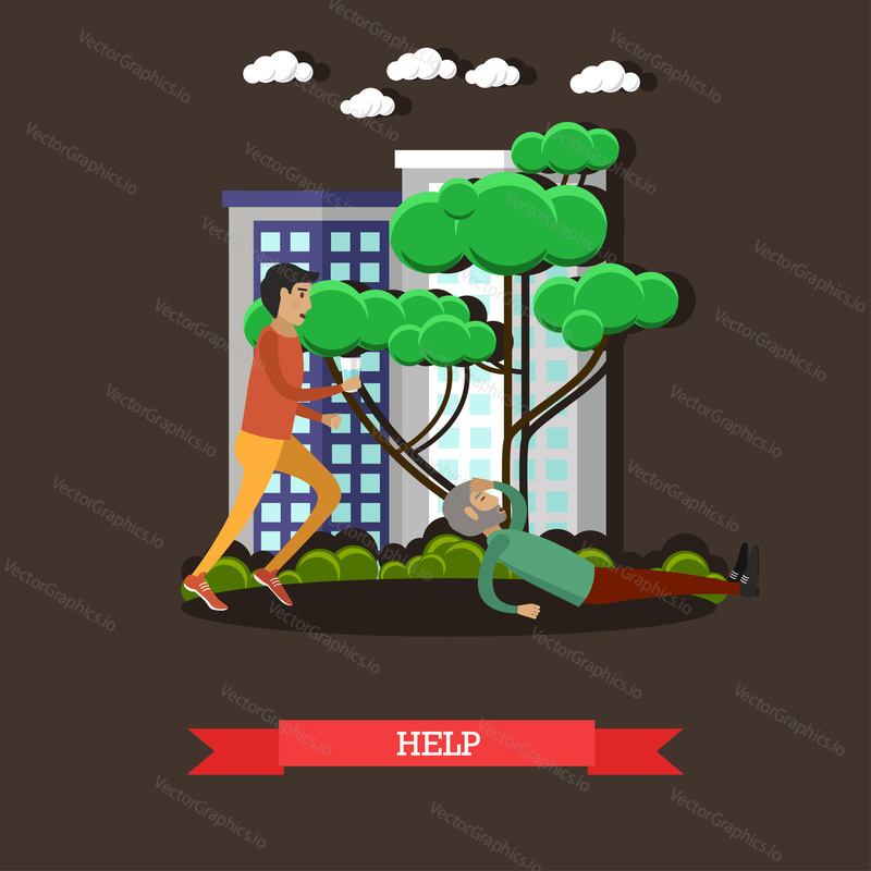 Vector illustration of young man giving glass of water to lying on the ground elderly man. Help concept design element in flat style.