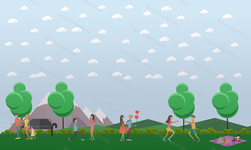 Vector illustration of happy couples taking rest in the park. Loving family couple with their daughter. Lovers boys and girls going out for a date. Flat style design.