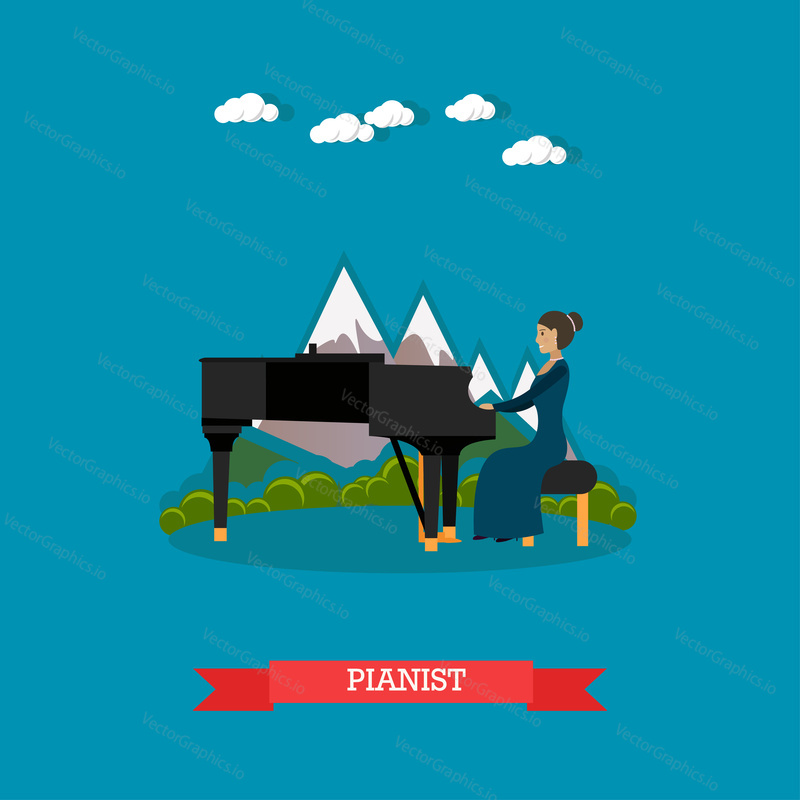 Vektorová ilustrace hudebnice, která hraje na klavír. Pianista hrající hudbu na venkovních prázdninových akcích plochý designový prvek.