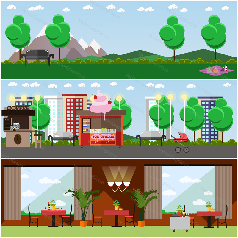 Vector set of lovers interior posters, banners. Places for dating, meeting, walking, celebration festive events. Restaurant or cafe, park, downtown street flat style design elements.