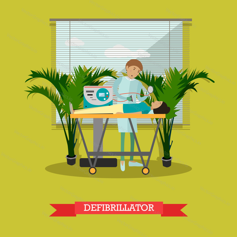 Vector illustration of healthcare professional saving patient life using defibrillator. Flat style design element.