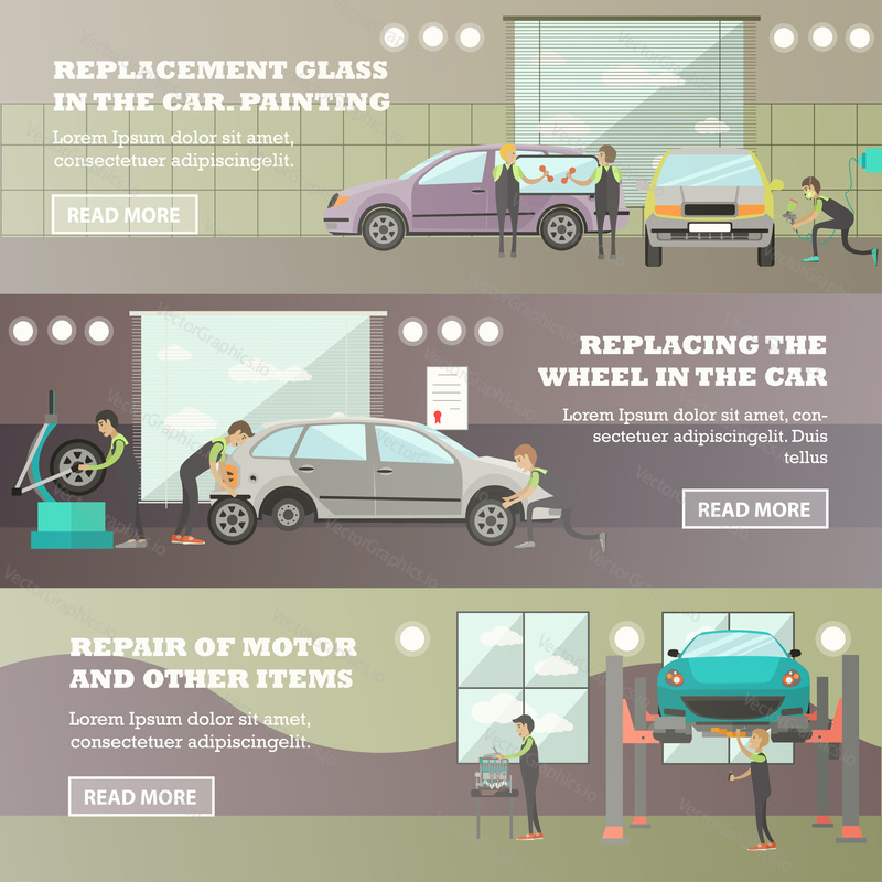 Vector set of machine workroom horizontal banners. Replacement of glass and wheel in the car, painting, Repair of motor and other items flat style design elements.