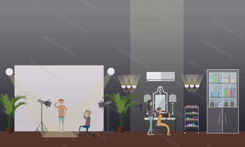 Vector illustration of makeup artist and photographer working with fashion models male and female. Makeup, photosession concept design element in flat style.