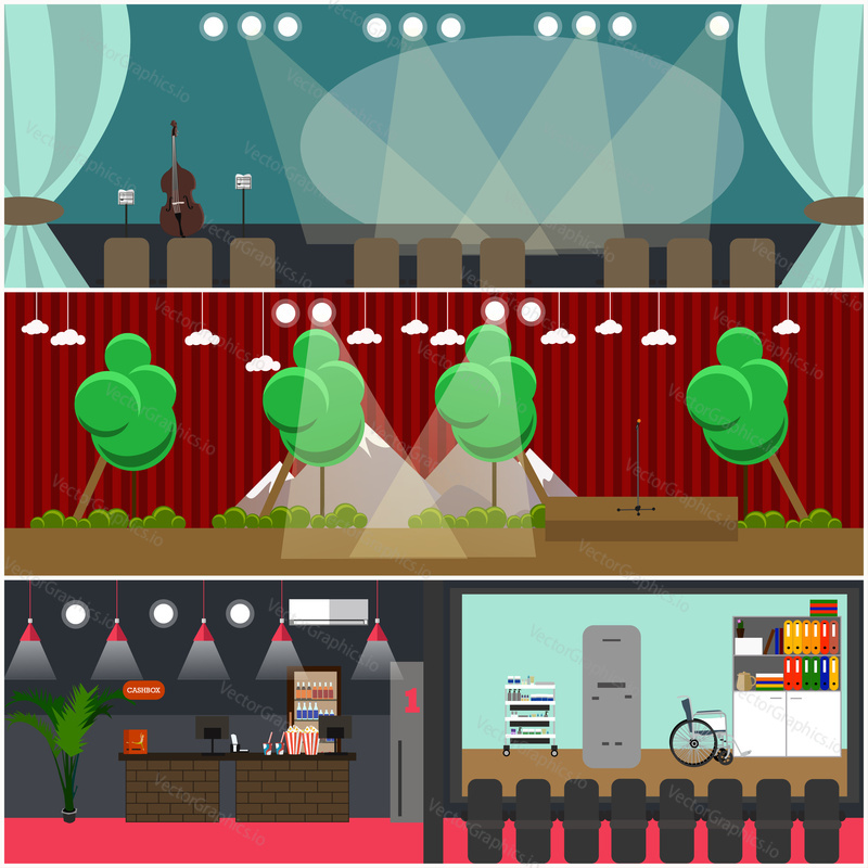 Vector set of opera house and movie theater interior concept posters, banners. Flat style design elements without performers and spectators.