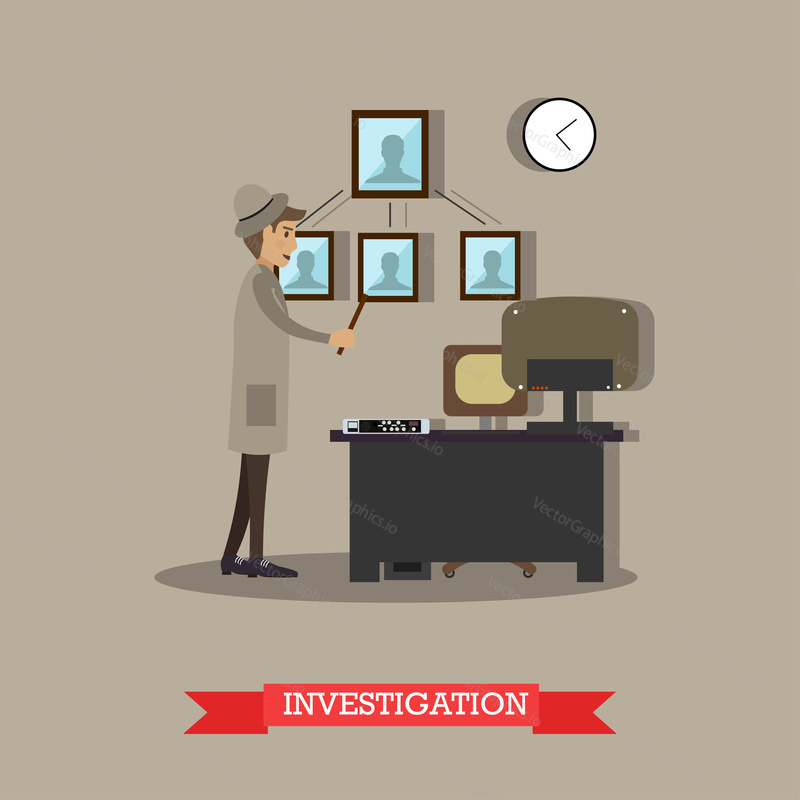 Vector illustration of detective carrying out investigation in office. Flat style design element.