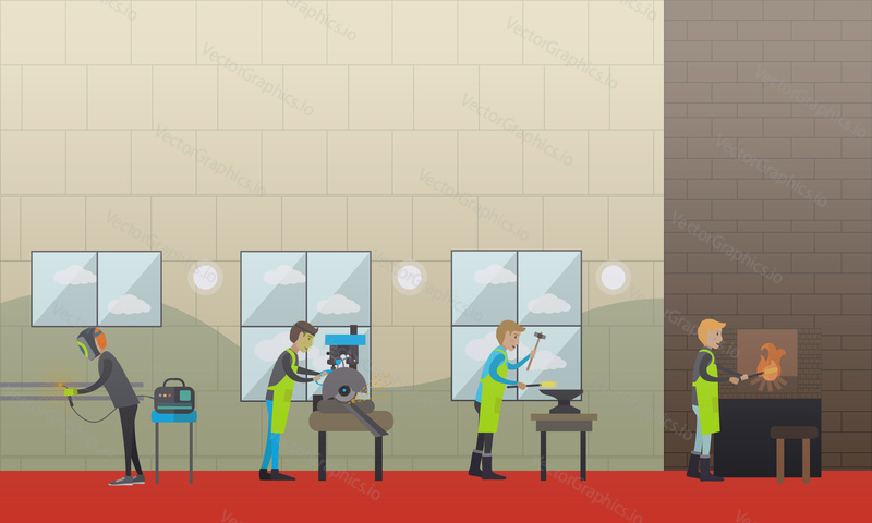Metalworking concept vector illustration. Factory workers smith, welder, foundry worker, moulder, metal cutter design elements in flat style.