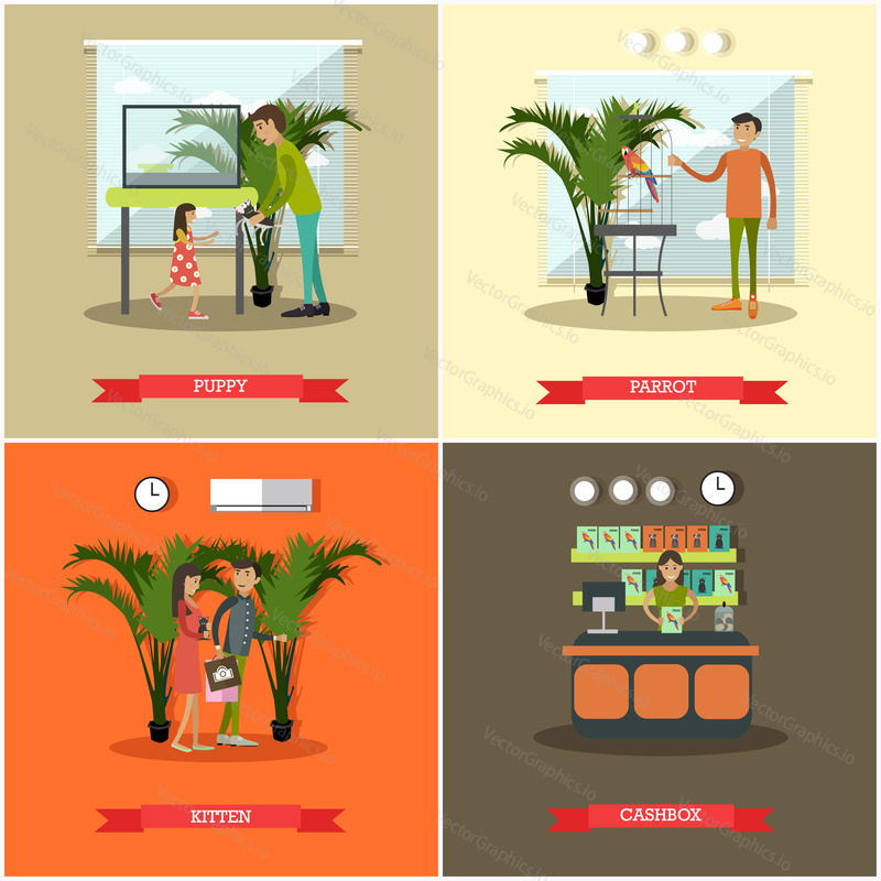 Vector set of pet store posters. Puppy, Kitten, Parrot and Cashbox flat style design elements.