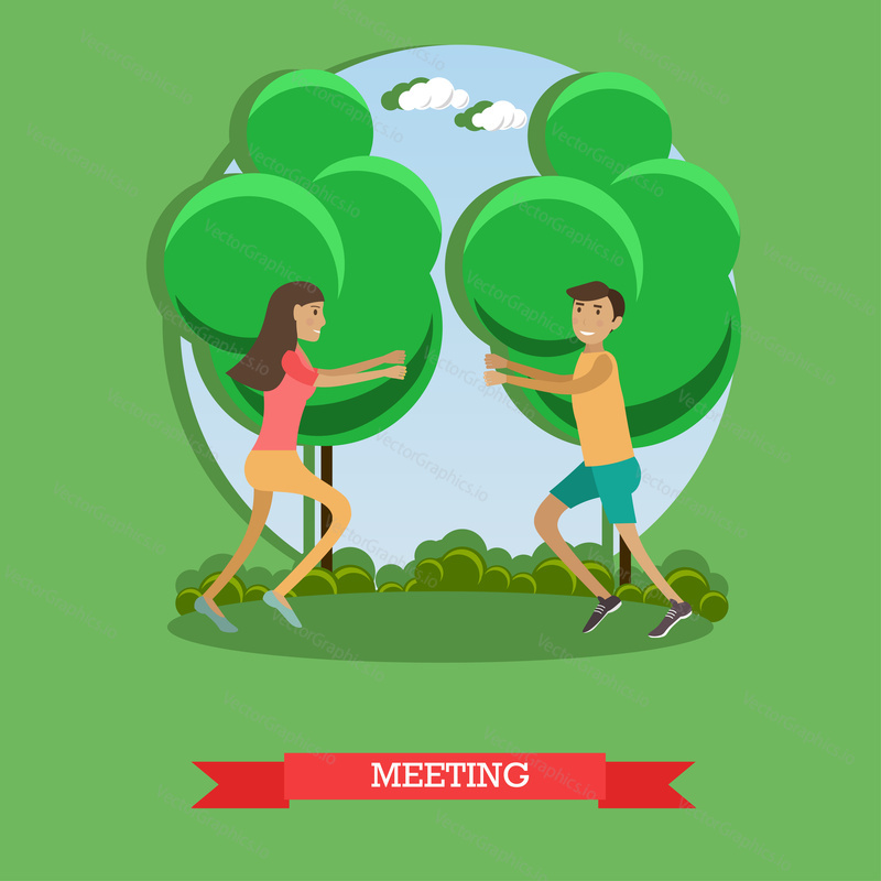 Vector illustration of happy loving couple running towards each other. Meeting of lovers in the park flat style design element.