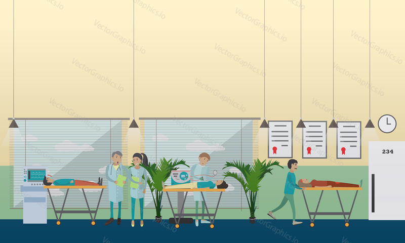 Nemocniční nouzová péče vektorová ilustrace. Nemocniční personál dává pacientům první pomoc k zachování života. Pohotovostní pokoj plochý styl designové prvky.