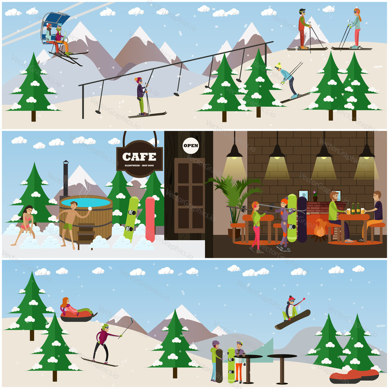 Vector set of winter fun posters, banners. People enjoying snowboarding, tubing, skiing, vat, mountain cafe. Ski resort flat style design elements.