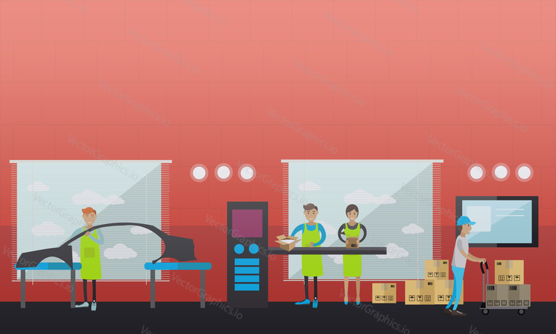 Vector illustration of car assembly plant. Production line workers, factory workers packing car parts and loading cardboard boxes flat style design elements.