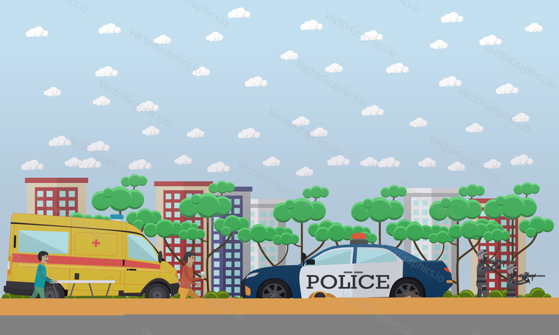 Vector illustration of ambulance staff giving injured people first aid. Outside emergency help flat style design element.