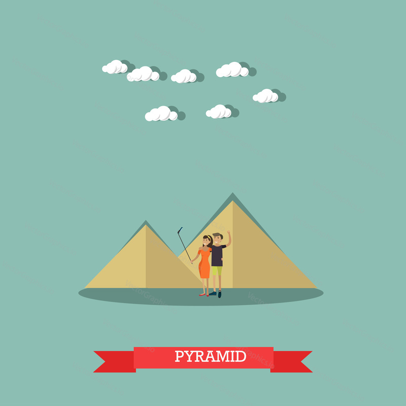 Vector illustration of egyptian pyramids and tourists young couple taking selfie with mobile and selfie stick monopod. Trip to Egypt concept flat style design element.