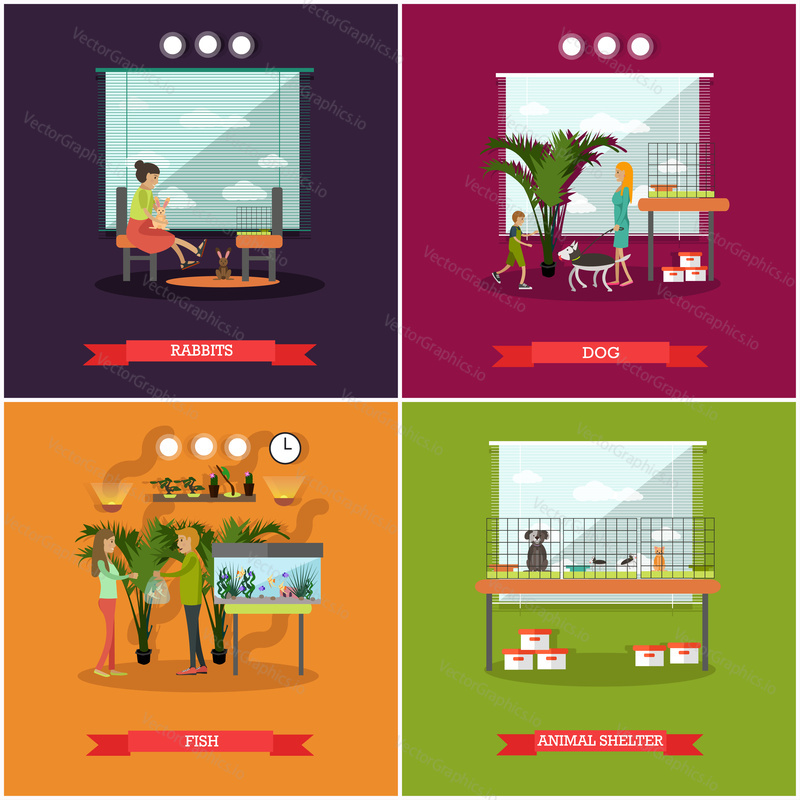 Vector set of pets posters. Rabbits, Dog, Fish and Animal shelter flat style design elements.