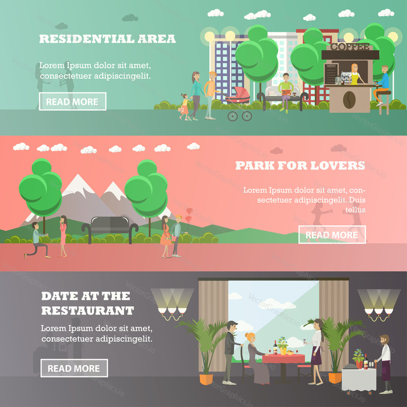 Vector set of love horizontal banners. Residential area, Park for lovers and Date at the restaurant flat style design elements.