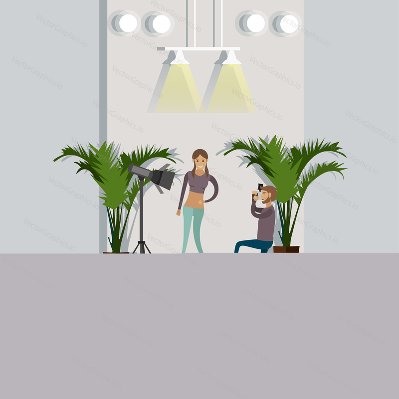 Vektorové ilustrace modelky pózuje před kamerou. Módní fotograf, fotografický koncept designového prvku v plochém stylu.