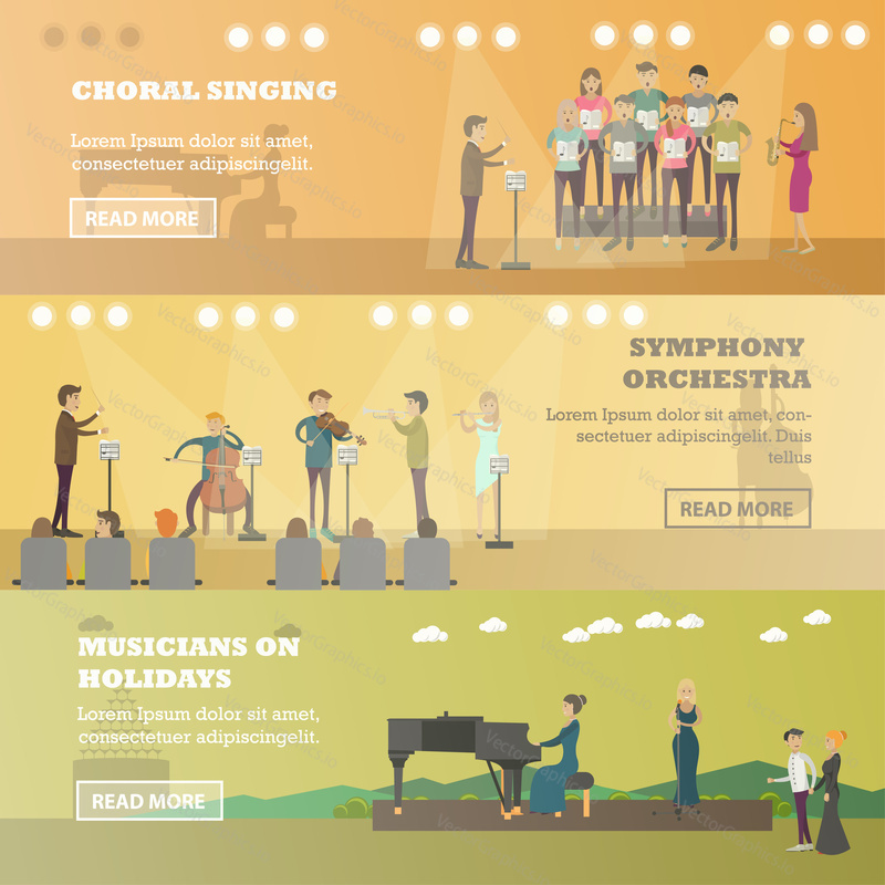 Vector set of music horizontal banners. Choral singing, Symphony orchestra and Musicians on holidays concept flat style design elements.