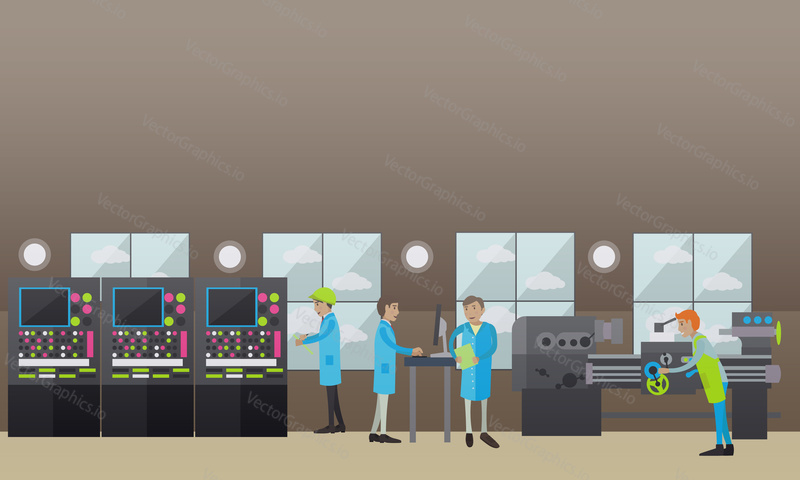 Vector illustration of factory turner using turning machine to make metal parts. Engineer and other factory workers controlling production flat style design elements.