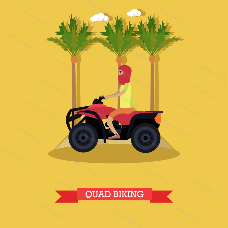 Vektorové ilustrace mladého muže na čtyřkolce. Výlet do Egypta koncept plochý styl designový prvek.