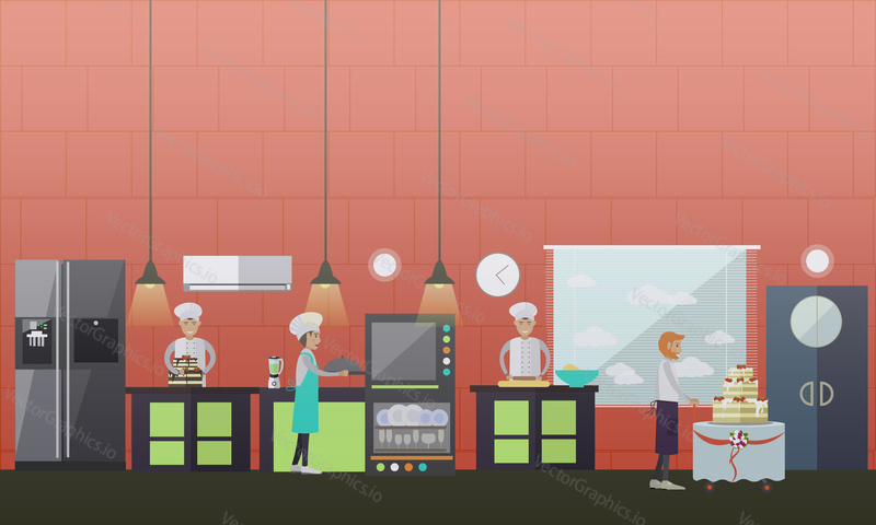 Vector illustration of confectioners rolling the dough, putting dough into oven, decorating ready cake. Waiter getting big cake with three tiers to serve it to customer. Pastry store flat style design