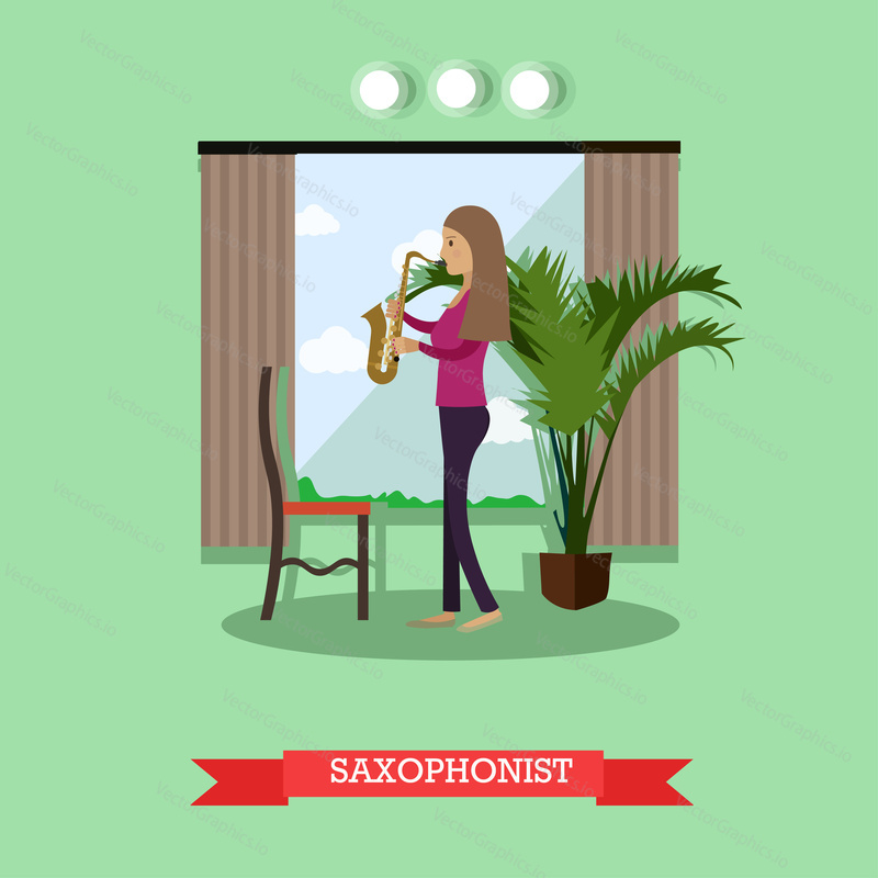 Vektorová ilustrace hudebnice hrající na saxofonový dechový hudební nástroj. Saxofonista plochý styl designový prvek.