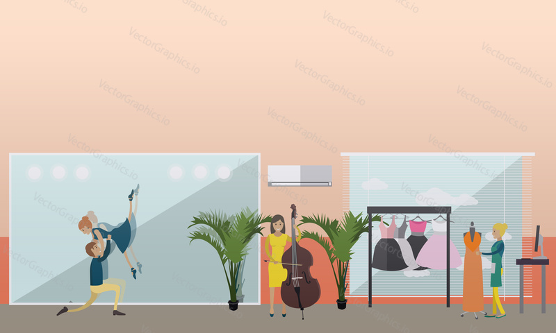 Vektorová ilustrace uměleckých a řemeslných profesionálů. Oblečení stylista, hudebník baskytarista a baletní tanečníci koncept designové prvky v plochém stylu.