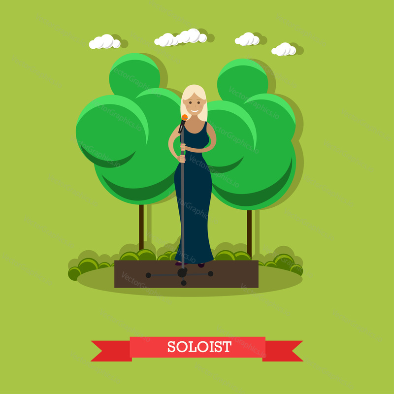 Vector illustration of young woman singer. Beautiful woman in long blue dress holding microphone and singing. Soloist flat style design.