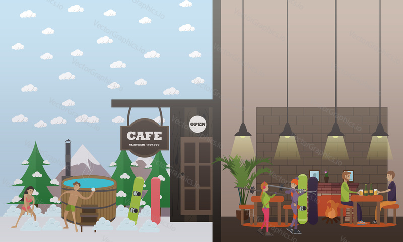 Ski resort vector illustration. Mountain cafe, wooden barrel vat. Winter fun concept flat style design element.