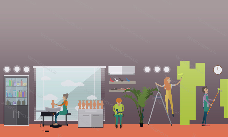 Vector illustration of arts and crafts professionals. Ceramist, house painter and shoemaker design elements in flat style.