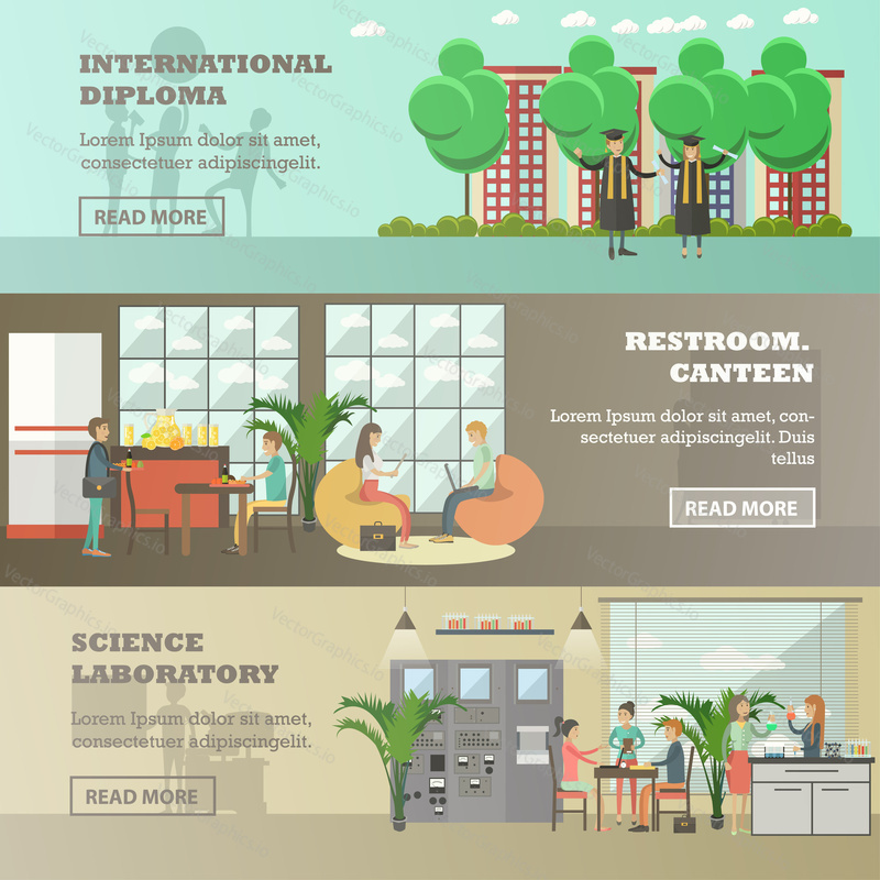 Vector set of university horizontal banners. International diploma, Restroom and canteen, Science laboratory flat style design elements.