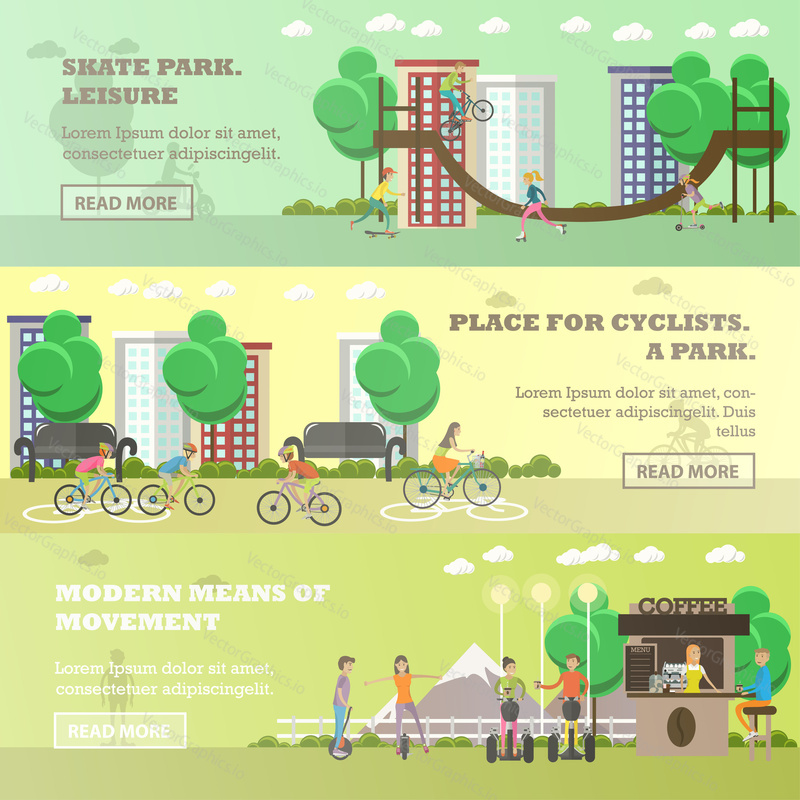 Vector set of transportation horizontal banners. Skate park. Leisure, Place for cyclists and Modern means of movement flat style design elements.
