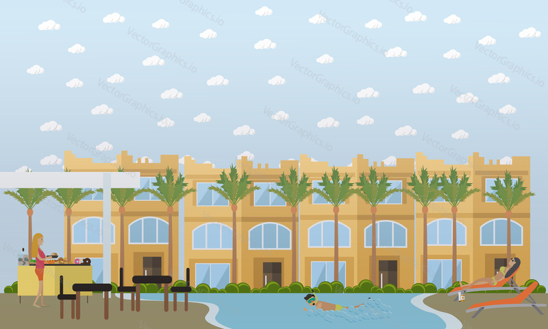 Vektorové ilustrace hotelu, egyptské letovisko na pláži s bazénem, barem,lehátky, palmami a turisty, kteří odpočívají. Výlet do Egypta koncept plochý styl designový prvek.