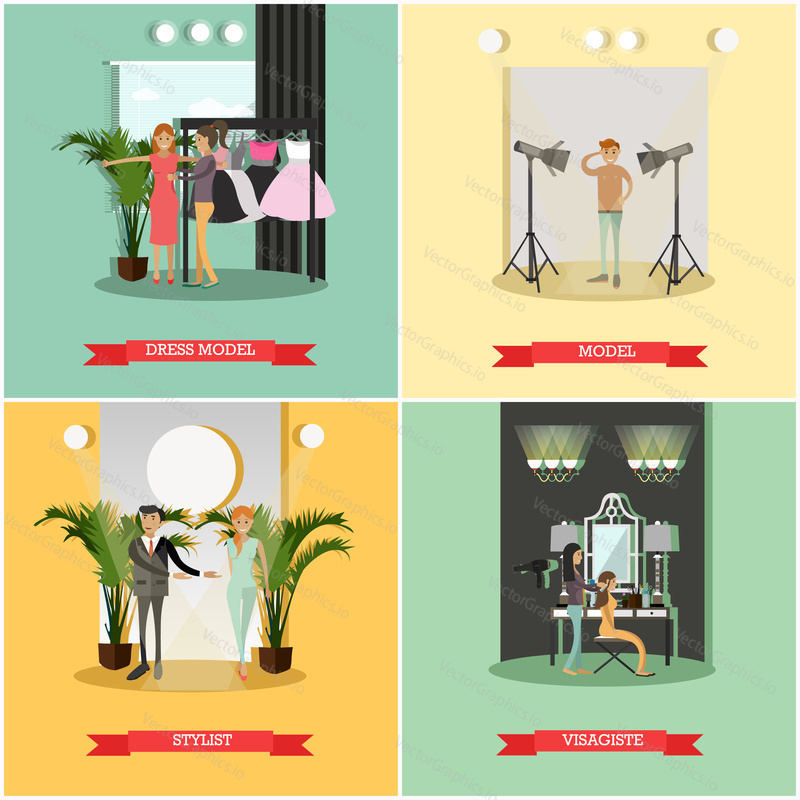 Vector set of podium concept posters. Dress model, Model, Stylist and Visagist flat style design elements.