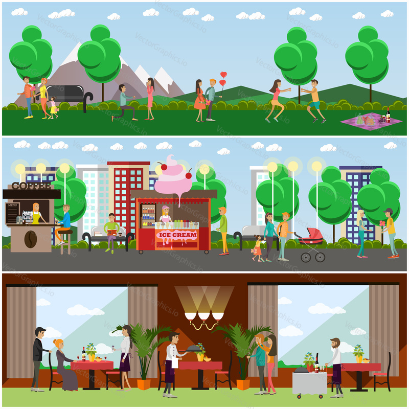 Vector set of posters, banners with people in love. Loving young couples, happy family couples flat style design elements.