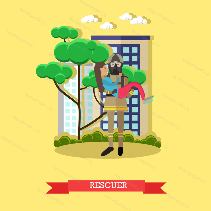 Vector illustration of fireman in protective clothing, helmet and mask carried out girl from burning house. Rescuer flat style design element.