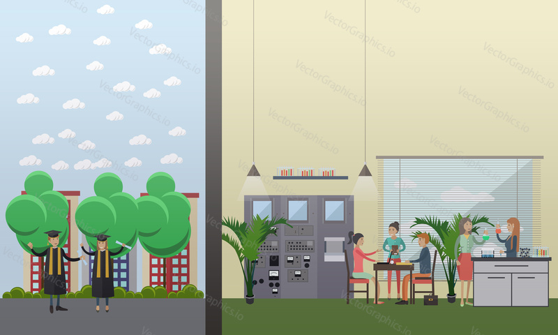 Vector illustration of chemistry laboratory with people working their, students celebrating graduation. Flat style design elements.