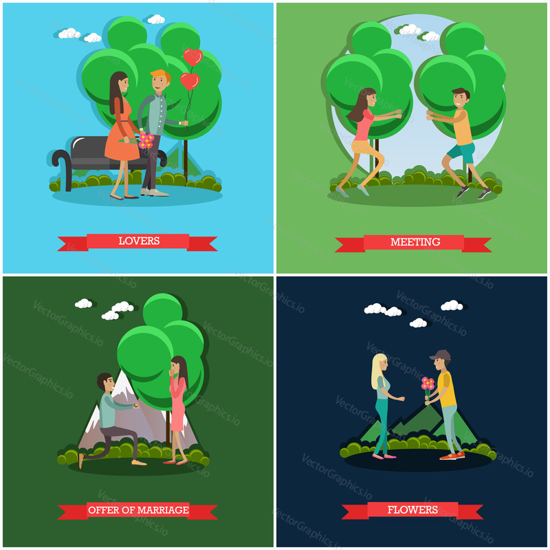 Vector set of love posters. Lovers, Offer of marriage, Meeting and Flowers flat style design elements.