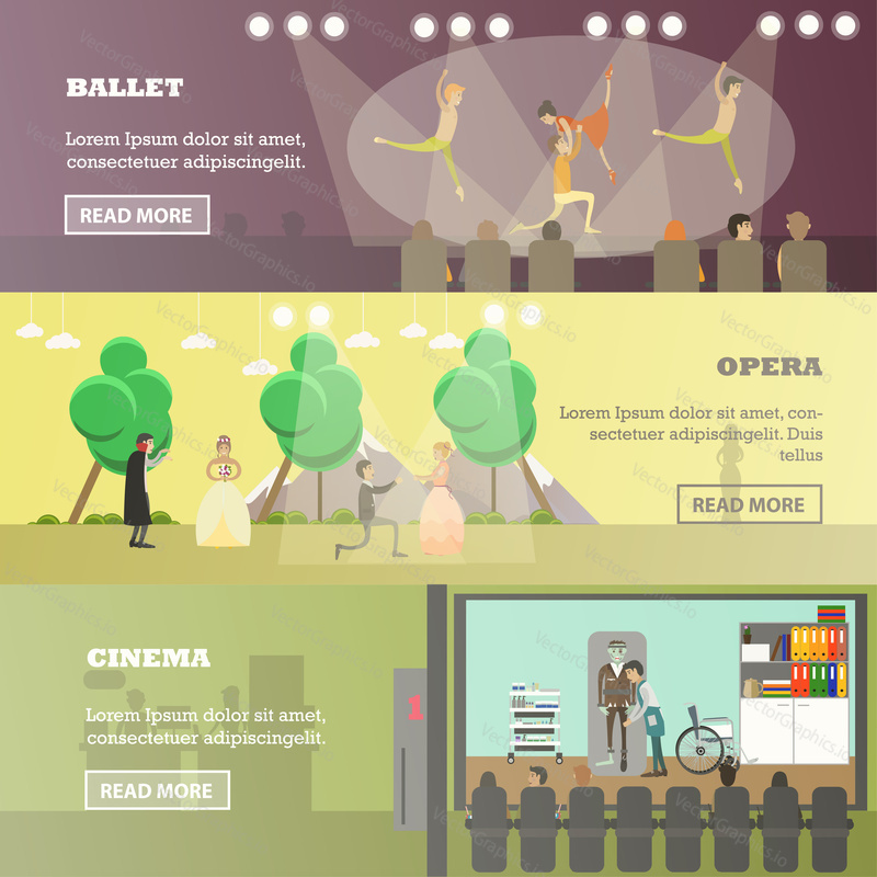 Vektorová sada horizontálních bannerů performing arts concept. Balet, Opera a Kino designové prvky v plochém stylu.