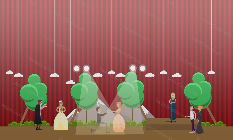 Vector illustration of performers staging Opera Dracula based on original novel by Bram Stoker. Flat style design.