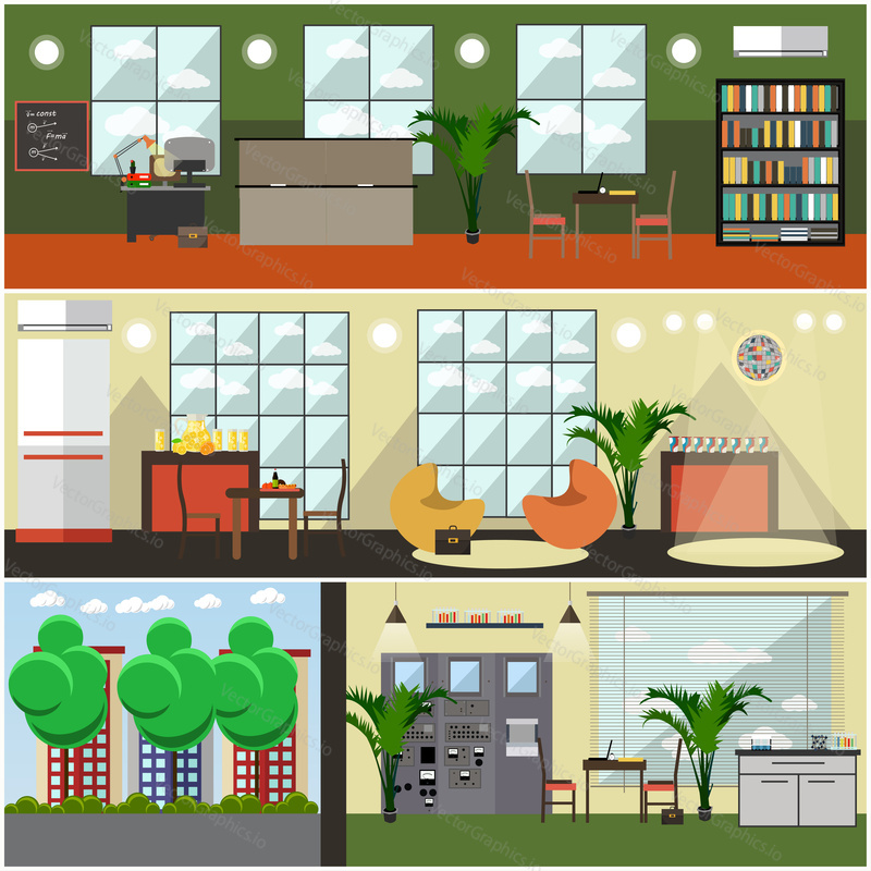Vector set of university interior posters, banners. Classroom, lecture hall, library, laboratory, canteen, disco club design elements in flat style.