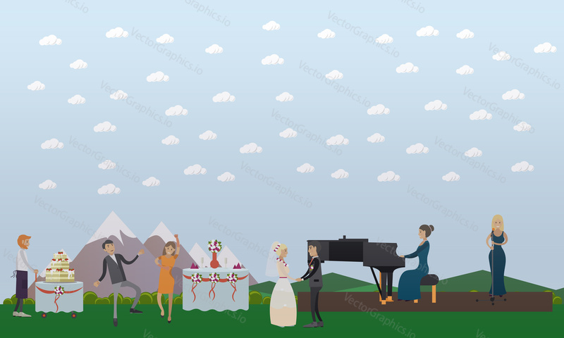 Svatební oslava vektorové ilustrace. Nevěsta a ženich, hosté tančí na hudbu, hudebník a zpěvák, svatební dort plochý styl designové prvky.