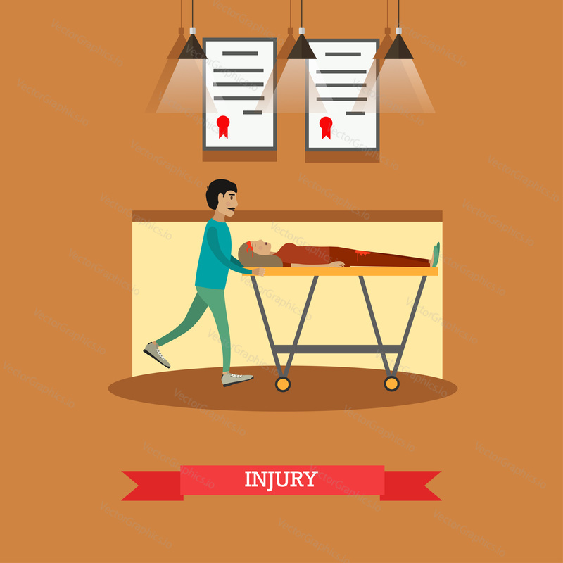 Vector illustration of man pushing hospital stretcher with woman lying on it. Injury concept design element in flat style.
