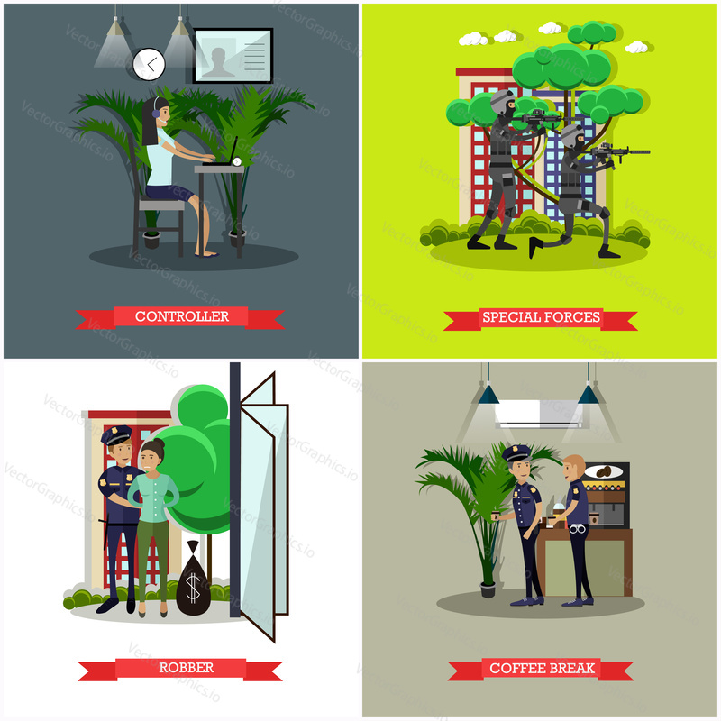 Vector set of catching thief concept posters. Controller, Special forces, Robber and Coffee break design elements in flat style.