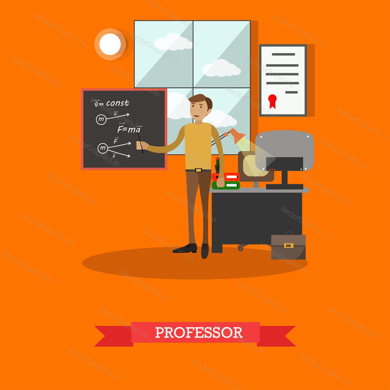 Vector illustration of professor of physics at lesson. Young scientist male pointing at written formulas on the blackboard. Flat style design element.