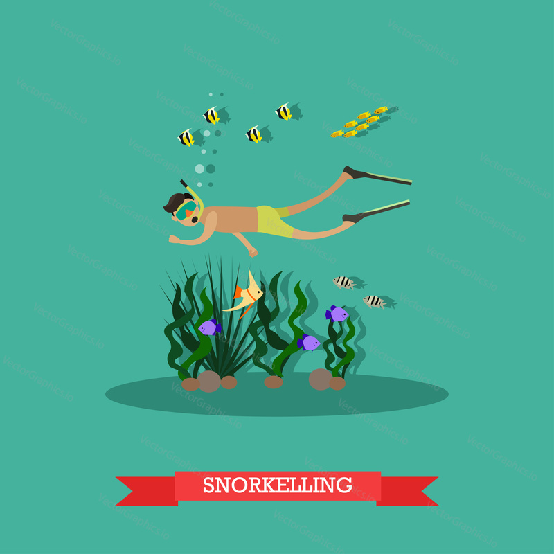 Vector illustration of diver young man swimming under water. Scuba diving, snorkeling, beach activity, extreme water sports design element. Trip to Egypt concept flat style design.
