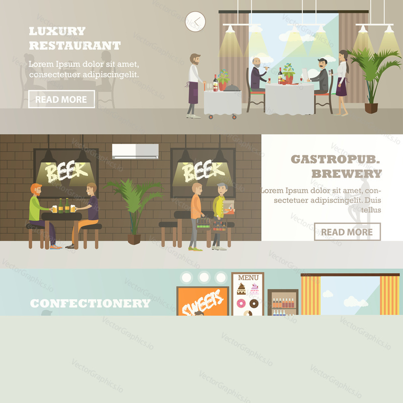 Vector set of pub horizontal banners. Luxury restaurant, Gastropub Brewery, Confectionery flat style design elements.