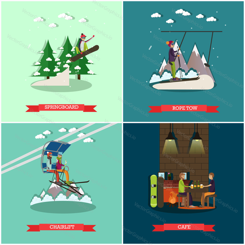Vector set of winter holiday posters. Springboard, Rope tow, Chairlift and Cafe flat style design elements.
