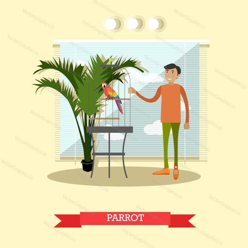 Vektorové ilustrace mladého muže stojícího vedle ptačí klece s kakadu. Nákup parrot plochý styl designový prvek.
