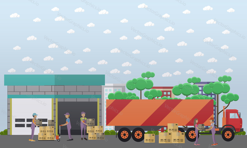 Vektorová ilustrace logistického skladu. Pracovníci nakladačů vykládají zboží v kartonových krabicích z konstrukčních prvků plochého stylu kamionu.