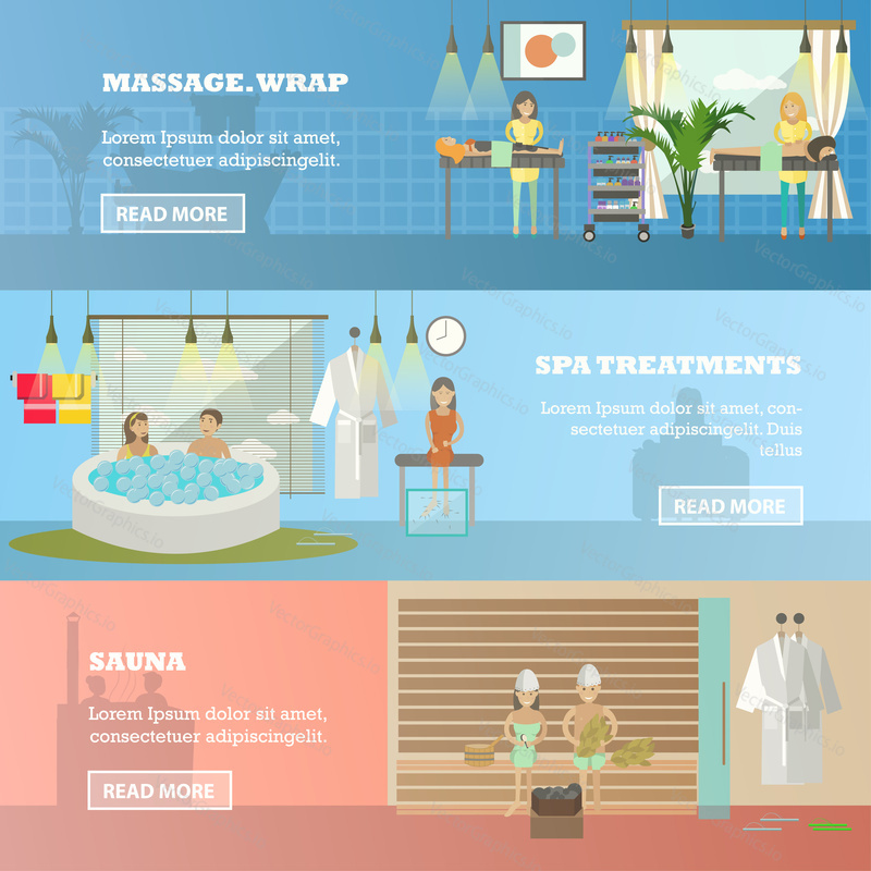 Vector set of spa therapy concept horizontal banners. Massage and wrap, Spa treatment and Sauna design elements in flat style.